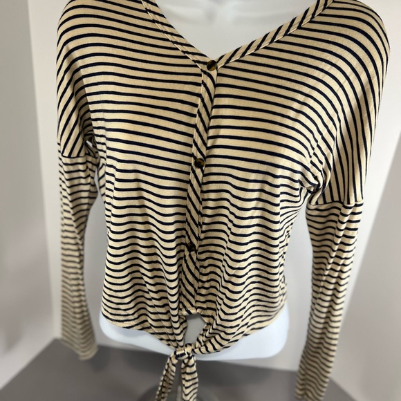 Pinc Tops - Pinc Cream And Black Stripped Woman’s Small Knot Button Up Top